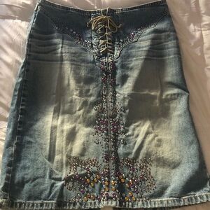 Express Blue Knee-Length Pencil Skirt with Embellished Tie Front
